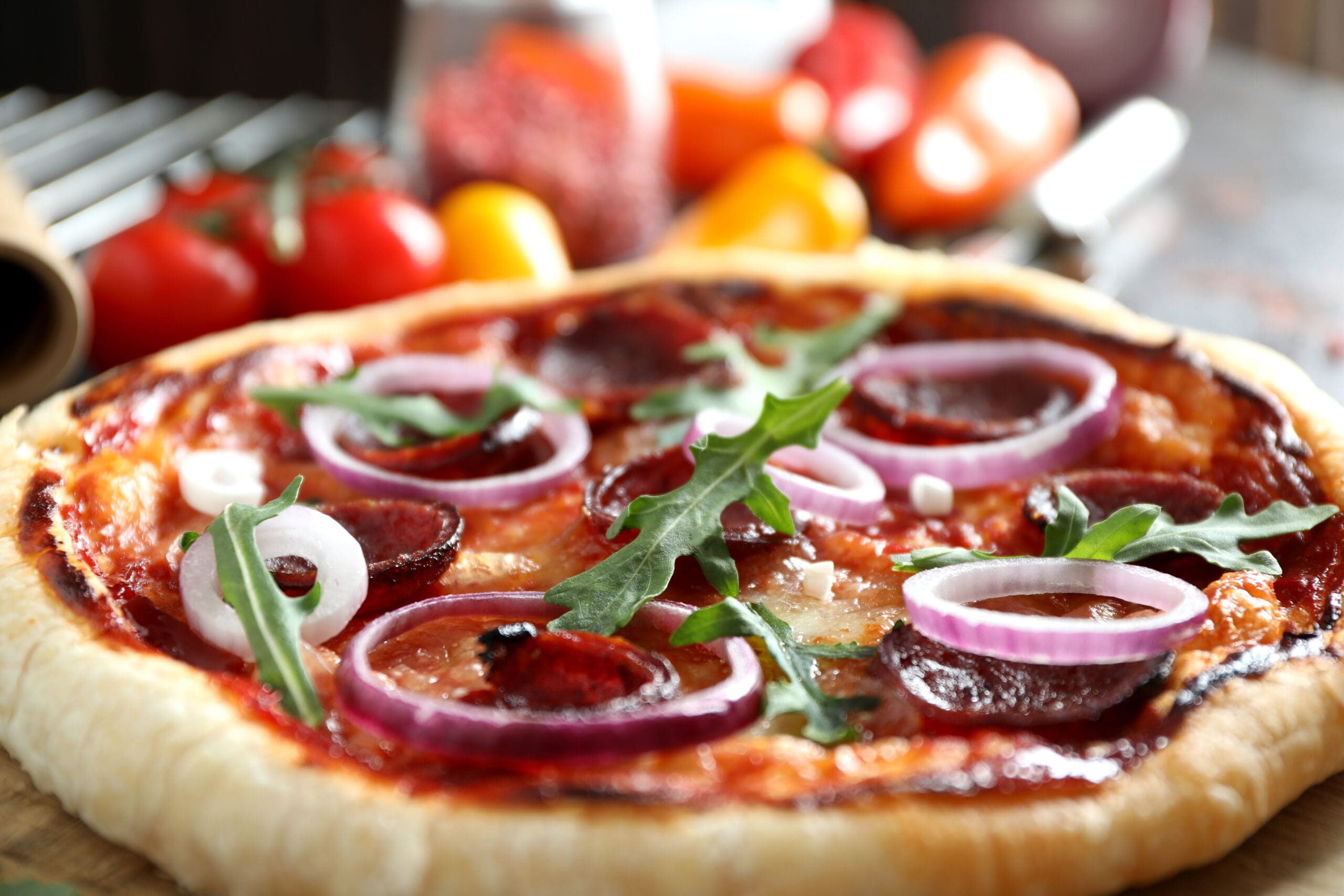 concept of tasty food with salami pizza close up 2023 11 27 05 00 02 utc scaled Best Gourmet Pizza in Rockwall, TX | Mogio's Gourmet Pizza